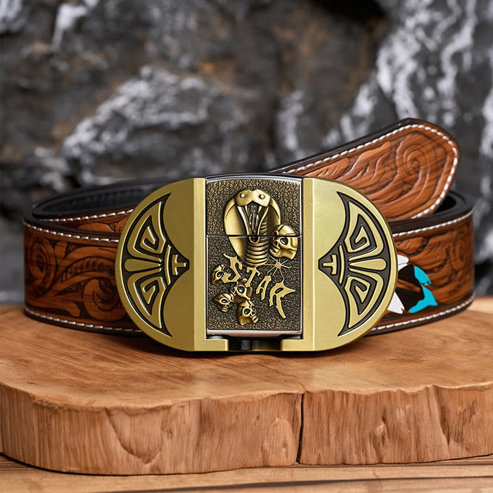 Men's DIY Gothic Cobra Skull Leather Belt With Hidden Lighter - Bronze - Brown Feather Belt - 40 - image 6
