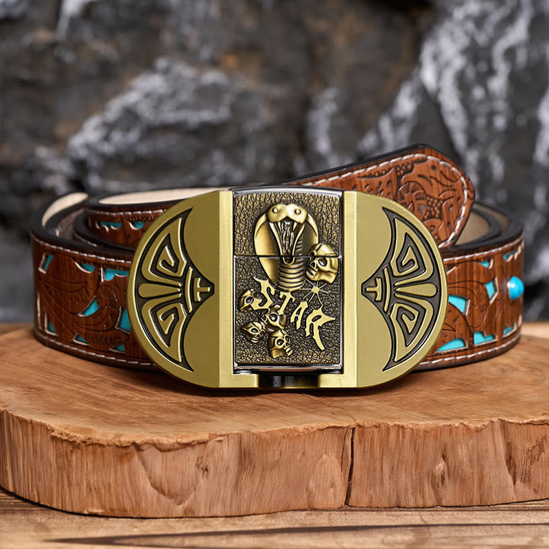 Men's DIY Gothic Cobra Skull Leather Belt With Hidden Lighter - Bronze - Turquoise Carved Belt - 42 - image 3