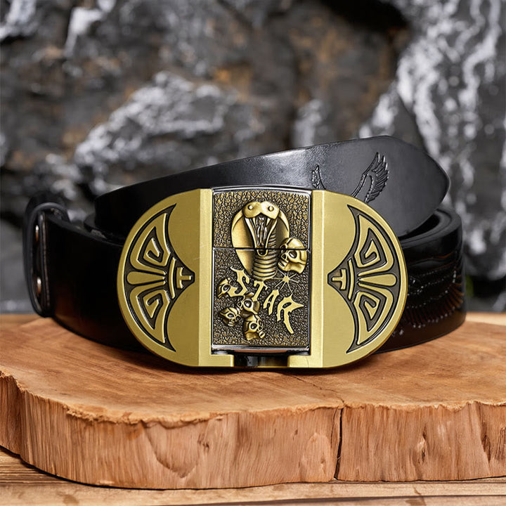 Men's DIY Gothic Cobra Skull Leather Belt With Hidden Lighter - Bronze - Black Embossed Eagle Belt - 42 - image 2