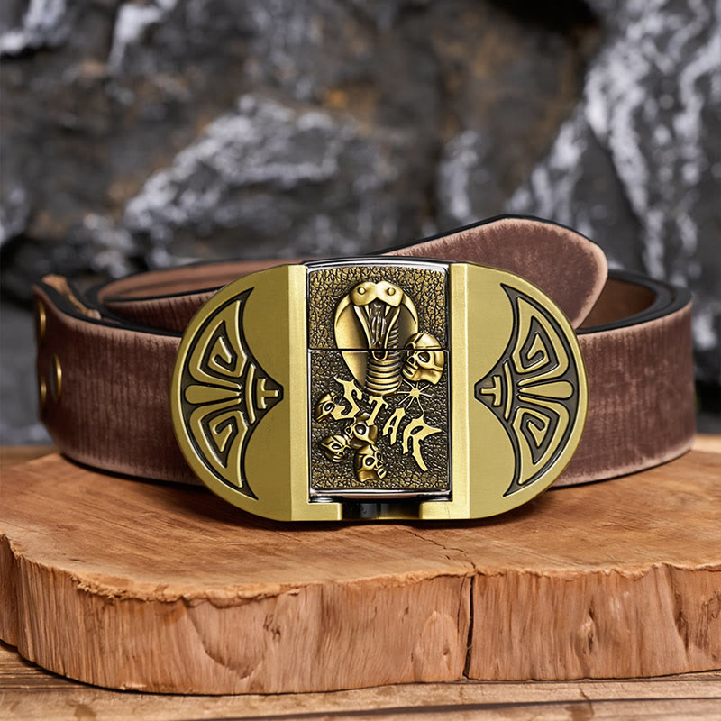 Men's DIY Gothic Cobra Skull Leather Belt With Hidden Lighter - Bronze - Brown Distressed Belt - 42 - image 5