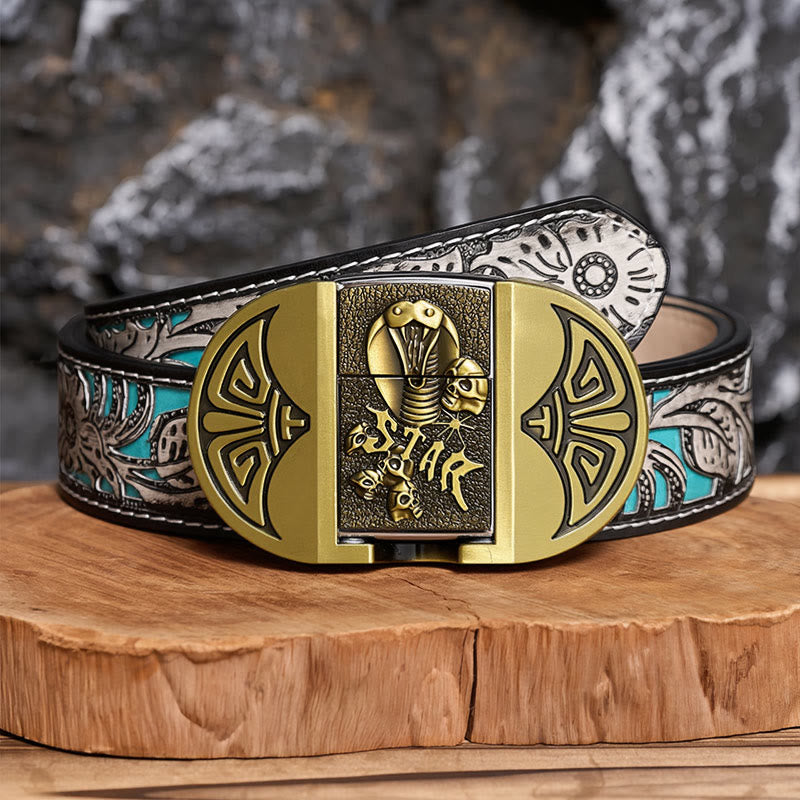 Men's DIY Gothic Cobra Skull Leather Belt With Hidden Lighter - Bronze - Gray Floral Belt - 42 - image 7