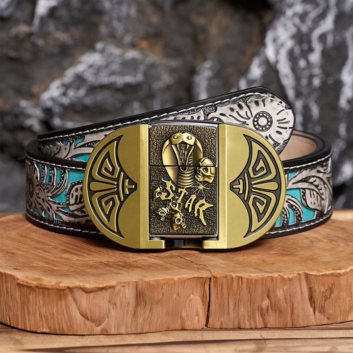 Men's DIY Gothic Cobra Skull Leather Belt With Hidden Lighter - Bronze - Gray Floral Belt - 42 - image 7
