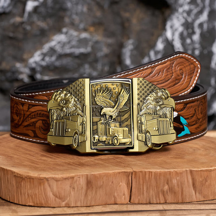 Men's DIY American Eagle & Truck Leather Belt With Hidden Lighter - Bronze - Brown Feather Belt - 40 - image 6