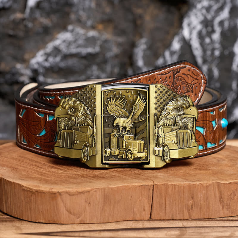 Men's DIY American Eagle & Truck Leather Belt With Hidden Lighter - Bronze - Turquoise Carved Belt - 42 - image 3