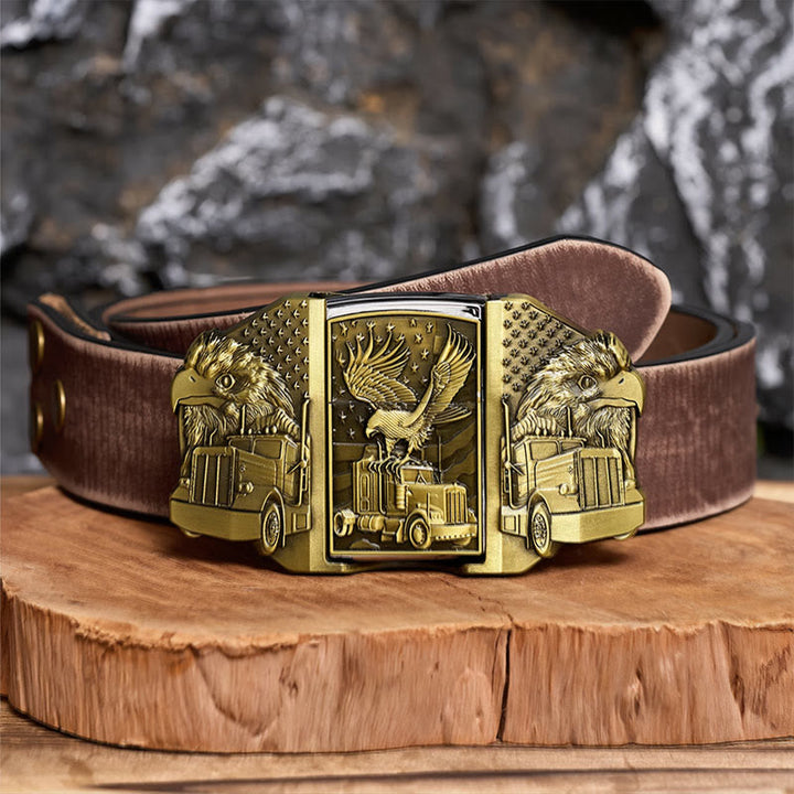 Men's DIY American Eagle & Truck Leather Belt With Hidden Lighter - Bronze - Brown Distressed Belt - 42 - image 5