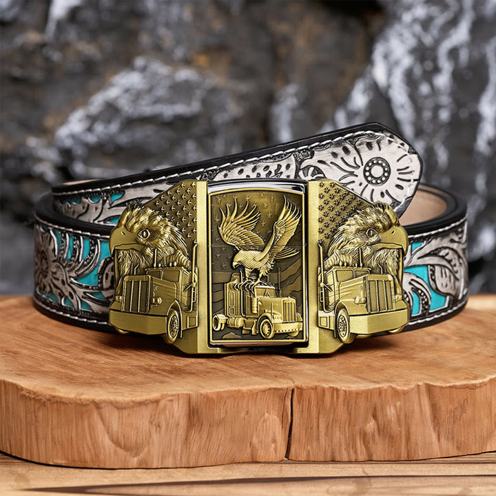 Men's DIY American Eagle & Truck Leather Belt With Hidden Lighter - Bronze - Gray Floral Belt - 42 - image 7