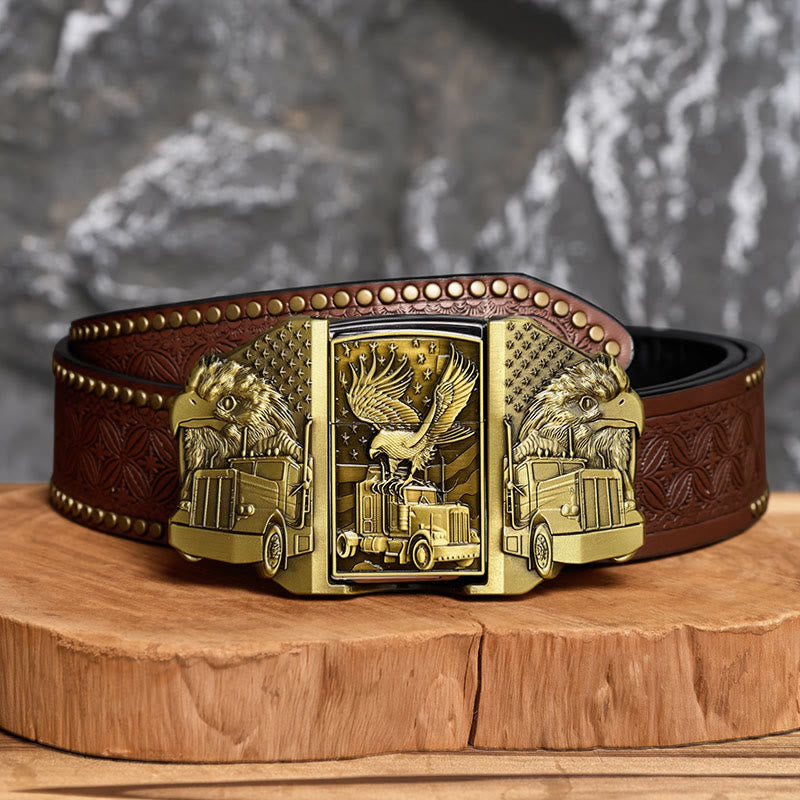 Men's DIY American Eagle & Truck Leather Belt With Hidden Lighter - Bronze - Brown Rivet Belt - 42 - image 4