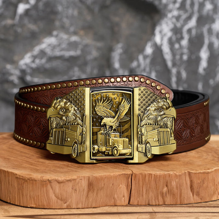 Men's DIY American Eagle & Truck Leather Belt With Hidden Lighter - Bronze - Brown Rivet Belt - 42 - image 4