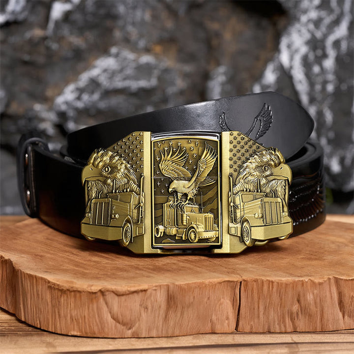 Men's DIY American Eagle & Truck Leather Belt With Hidden Lighter - Bronze - Black Embossed Eagle Belt - 42 - image 2