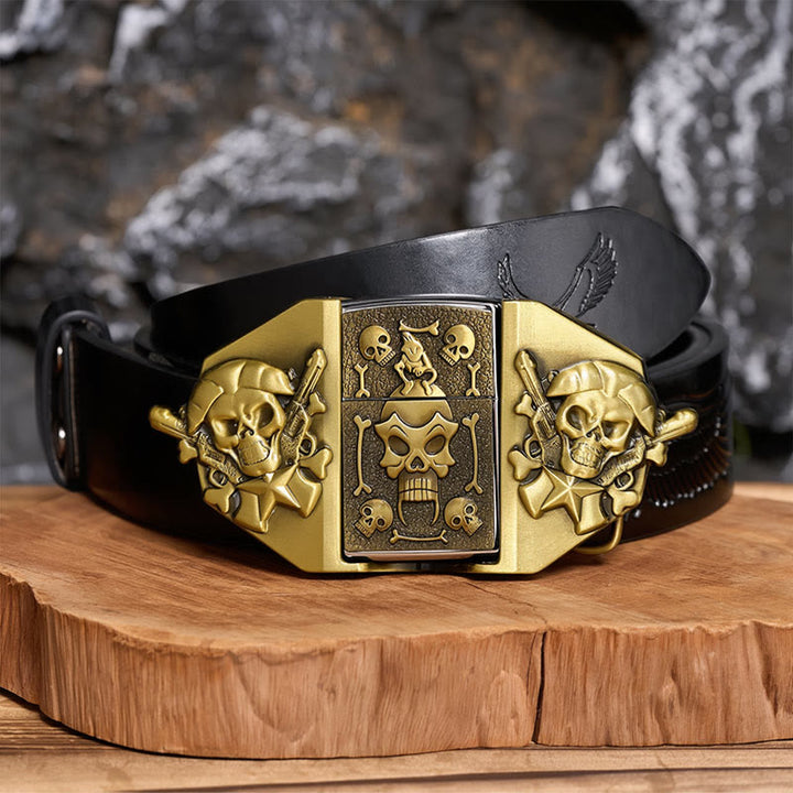Men's DIY Crossed Rifles & Skull Leather Belt With Hidden Lighter - Bronze - Black Embossed Eagle Belt - 42 - image 2