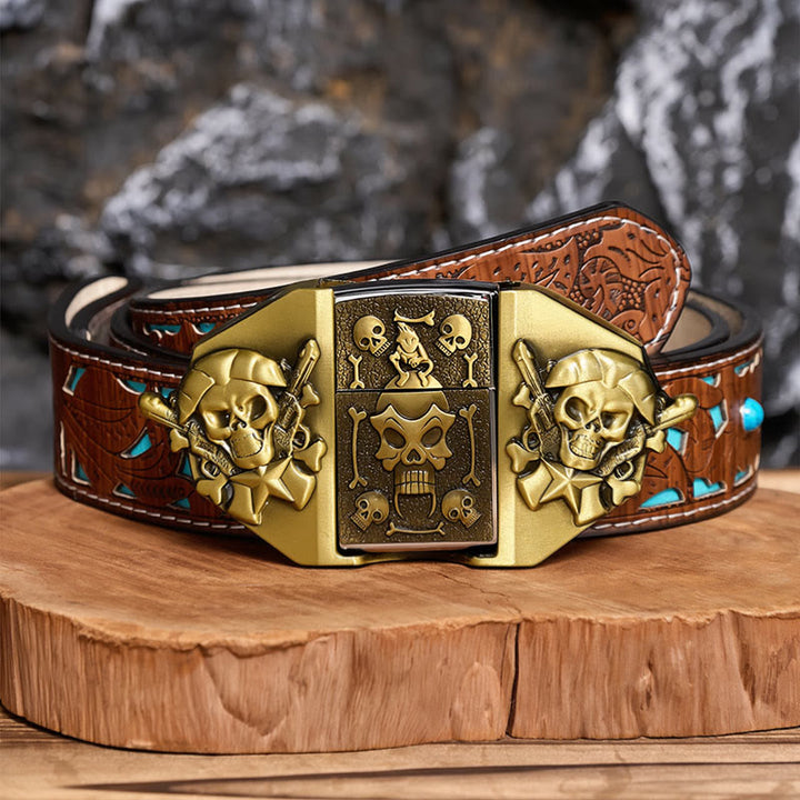 Men's DIY Crossed Rifles & Skull Leather Belt With Hidden Lighter - Bronze - Turquoise Carved Belt - 42 - image 3