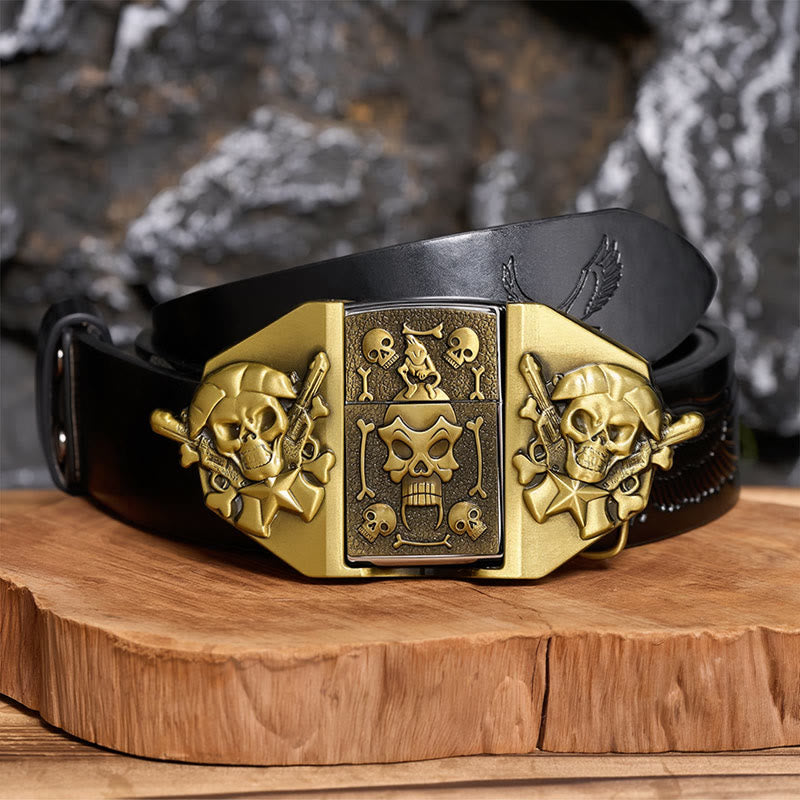 Men's DIY Crossed Rifles & Skull Leather Belt With Hidden Lighter - Bronze - Black Embossed Eagle Belt - 42 - image 2