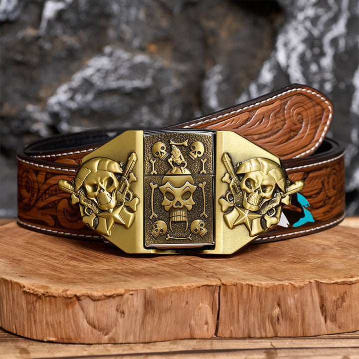 Men's DIY Crossed Rifles & Skull Leather Belt With Hidden Lighter - Bronze - Brown Feather Belt - 40 - image 6