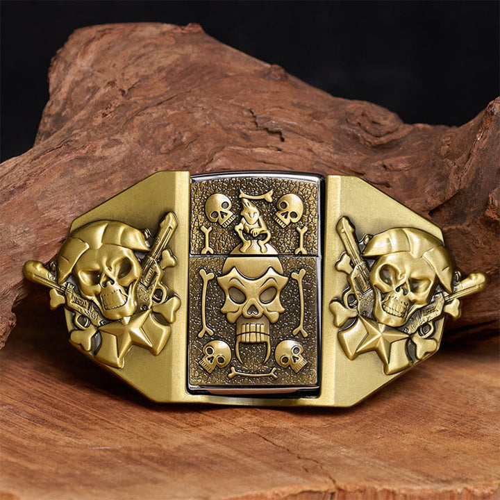 Men's DIY Crossed Rifles & Skull Leather Belt With Hidden Lighter - Bronze - Without Belt - Not Included Belt - image 0