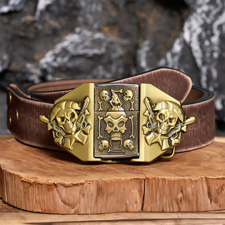 Men's DIY Crossed Rifles & Skull Leather Belt With Hidden Lighter - Bronze - Brown Distressed Belt - 42 - image 5