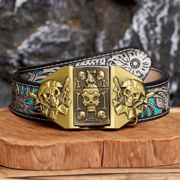 Men's DIY Crossed Rifles & Skull Leather Belt With Hidden Lighter - Bronze - Gray Floral Belt - 42 - image 7
