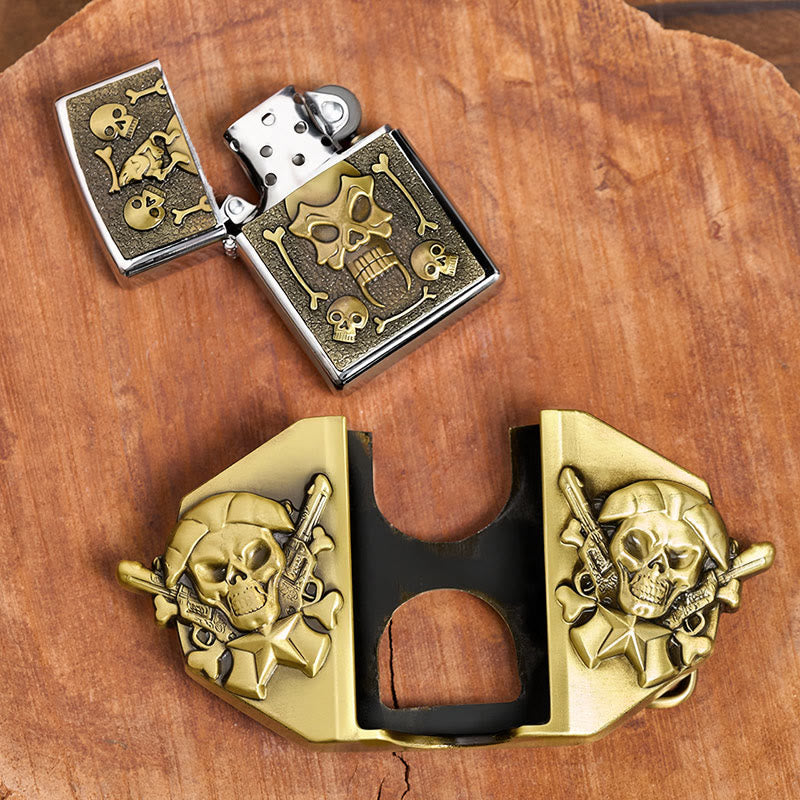 Men's DIY Crossed Rifles & Skull Leather Belt With Hidden Lighter - image 1