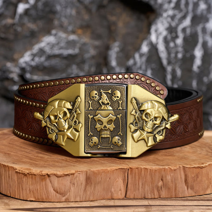 Men's DIY Crossed Rifles & Skull Leather Belt With Hidden Lighter - Bronze - Brown Rivet Belt - 42 - image 4