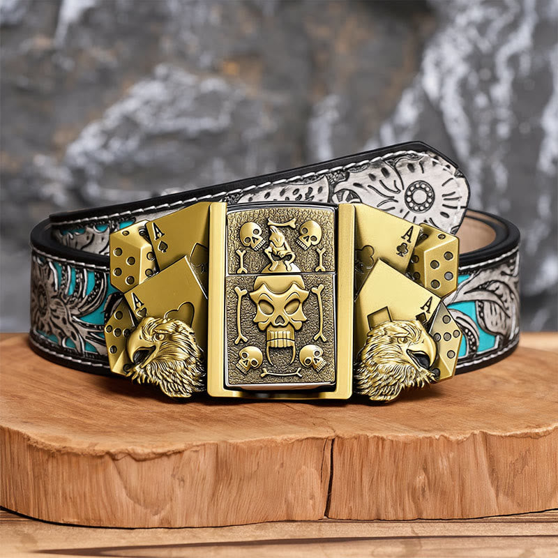 Men's DIY Eagle Dice Skull Leather Belt With Hidden Lighter - Bronze - Gray Floral Belt - 42 - image 7