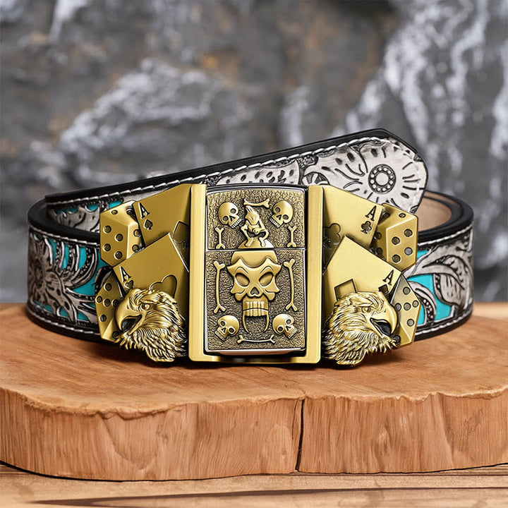Men's DIY Eagle Dice Skull Leather Belt With Hidden Lighter - Bronze - Gray Floral Belt - 42 - image 7