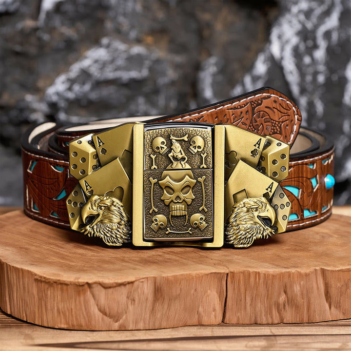 Men's DIY Eagle Dice Skull Leather Belt With Hidden Lighter - Bronze - Turquoise Carved Belt - 42 - image 3