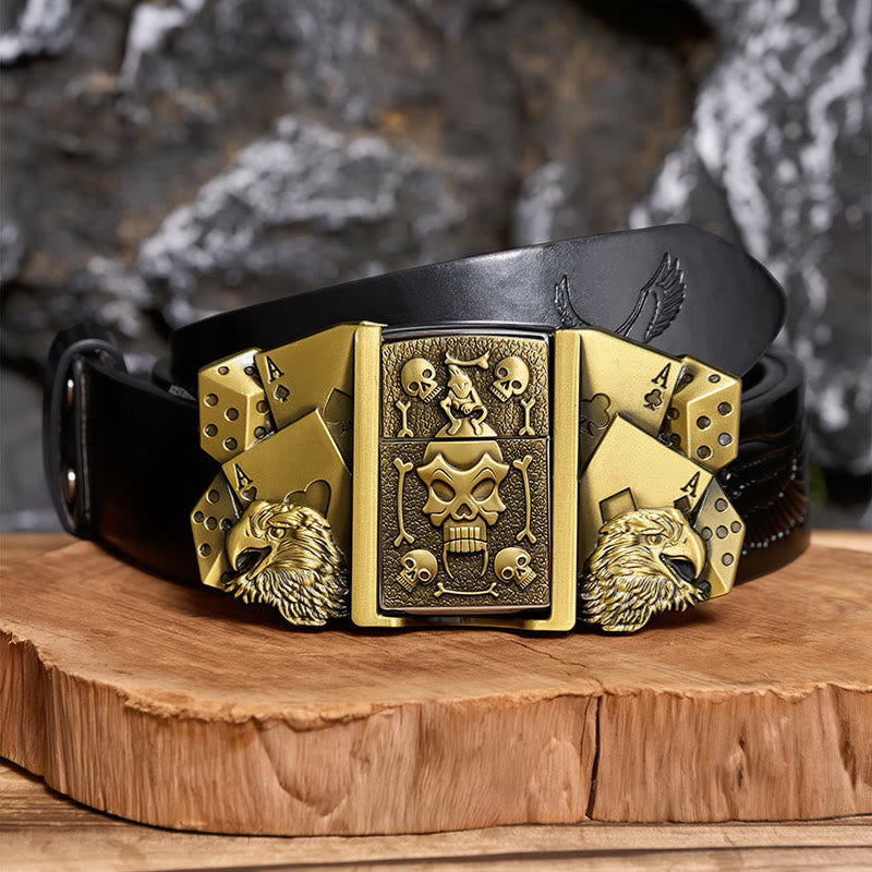Men's DIY Eagle Dice Skull Leather Belt With Hidden Lighter - Bronze - Black Embossed Eagle Belt - 42 - image 2