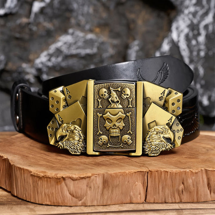 Men's DIY Eagle Dice Skull Leather Belt With Hidden Lighter - Bronze - Black Embossed Eagle Belt - 42 - image 2