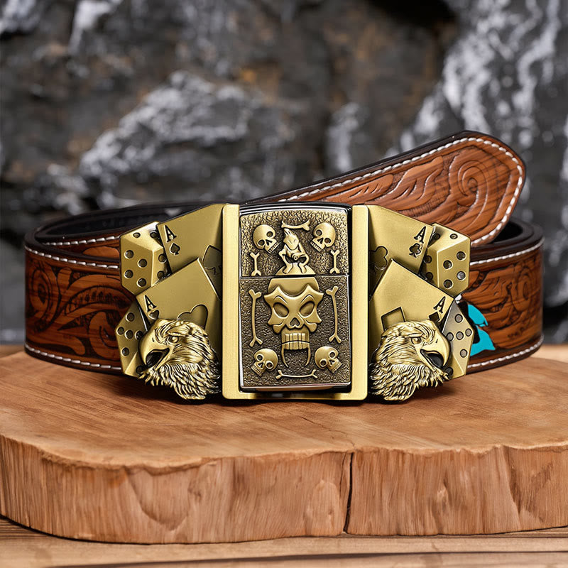 Men's DIY Eagle Dice Skull Leather Belt With Hidden Lighter - Bronze - Brown Feather Belt - 40 - image 6