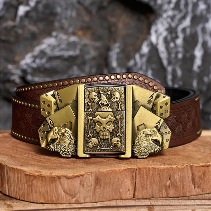 Men's DIY Eagle Dice Skull Leather Belt With Hidden Lighter - Bronze - Brown Rivet Belt - 42 - image 4