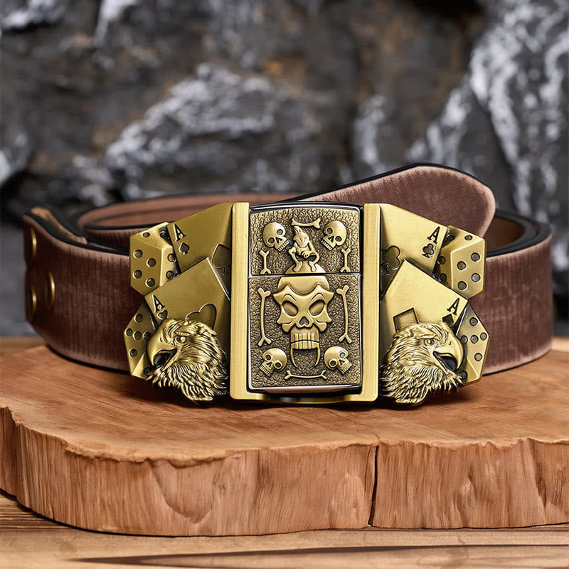 Men's DIY Eagle Dice Skull Leather Belt With Hidden Lighter - Bronze - Brown Distressed Belt - 42 - image 5