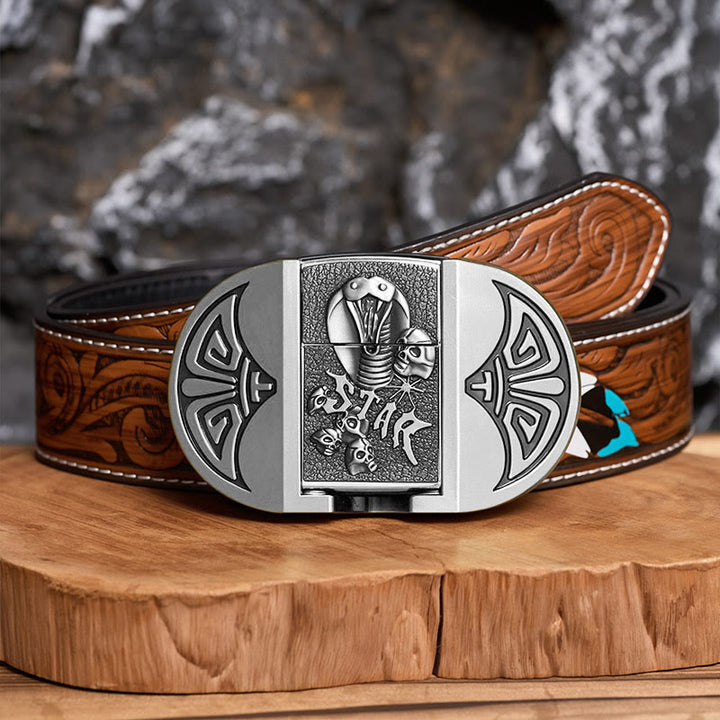 Men's DIY Gothic Cobra Skull Leather Belt With Hidden Lighter - Silver - Brown Feather Belt - 40 - image 14