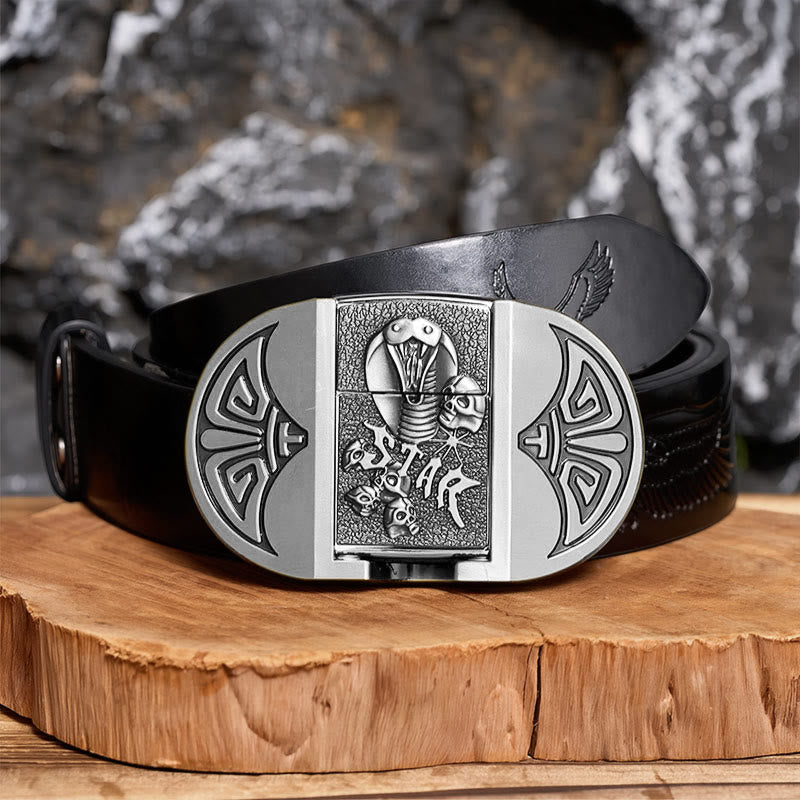 Men's DIY Gothic Cobra Skull Leather Belt With Hidden Lighter - Silver - Black Embossed Eagle Belt - 42 - image 10