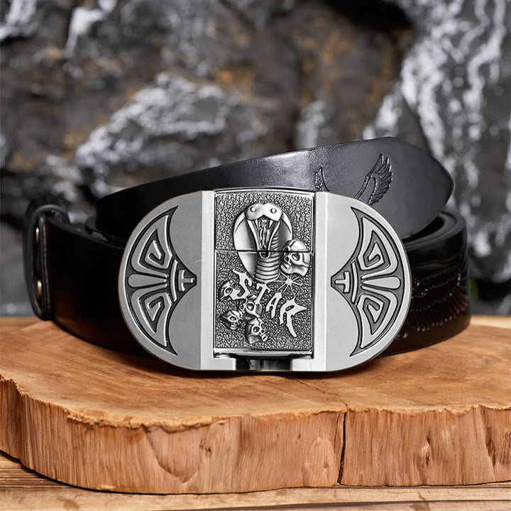 Men's DIY Gothic Cobra Skull Leather Belt With Hidden Lighter - Silver - Black Embossed Eagle Belt - 42 - image 10