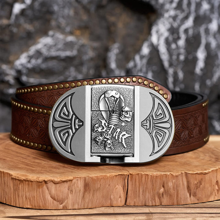 Men's DIY Gothic Cobra Skull Leather Belt With Hidden Lighter - Silver - Brown Rivet Belt - 42 - image 12