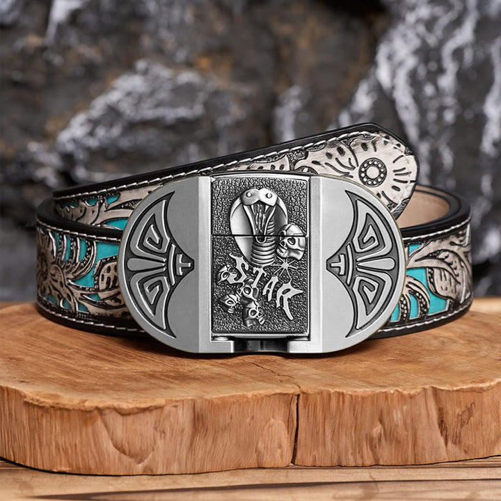 Men's DIY Gothic Cobra Skull Leather Belt With Hidden Lighter - Silver - Gray Floral Belt - 42 - image 15