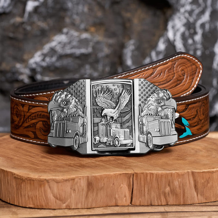 Men's DIY American Eagle & Truck Leather Belt With Hidden Lighter - Silver - Brown Feather Belt - 40 - image 14