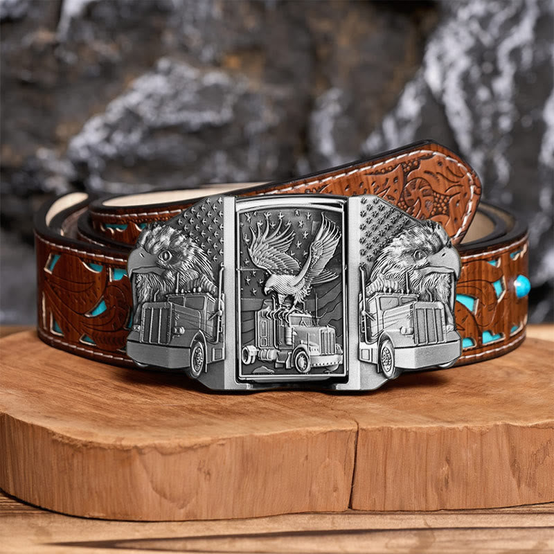 Men's DIY American Eagle & Truck Leather Belt With Hidden Lighter - Silver - Turquoise Carved Belt - 42 - image 11