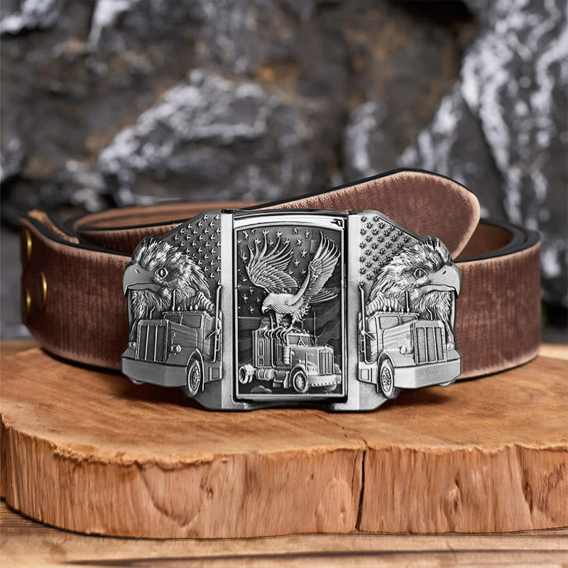 Men's DIY American Eagle & Truck Leather Belt With Hidden Lighter - Silver - Brown Distressed Belt - 42 - image 13