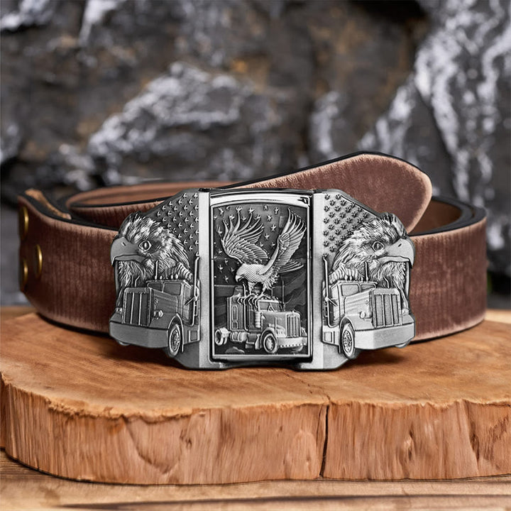 Men's DIY American Eagle & Truck Leather Belt With Hidden Lighter - Silver - Brown Distressed Belt - 42 - image 13