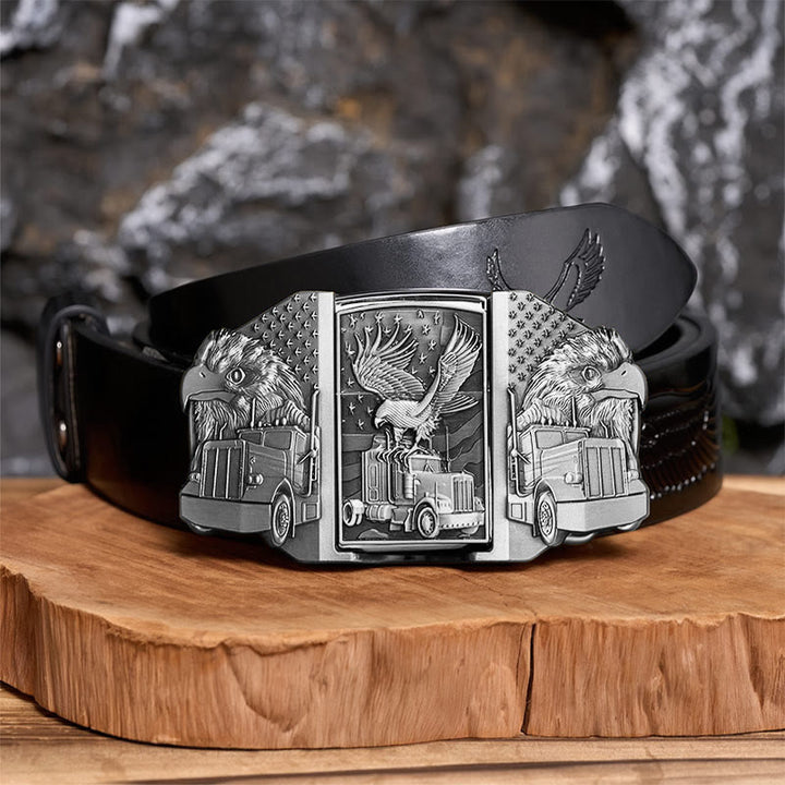 Men's DIY American Eagle & Truck Leather Belt With Hidden Lighter - Silver - Black Embossed Eagle Belt - 42 - image 10