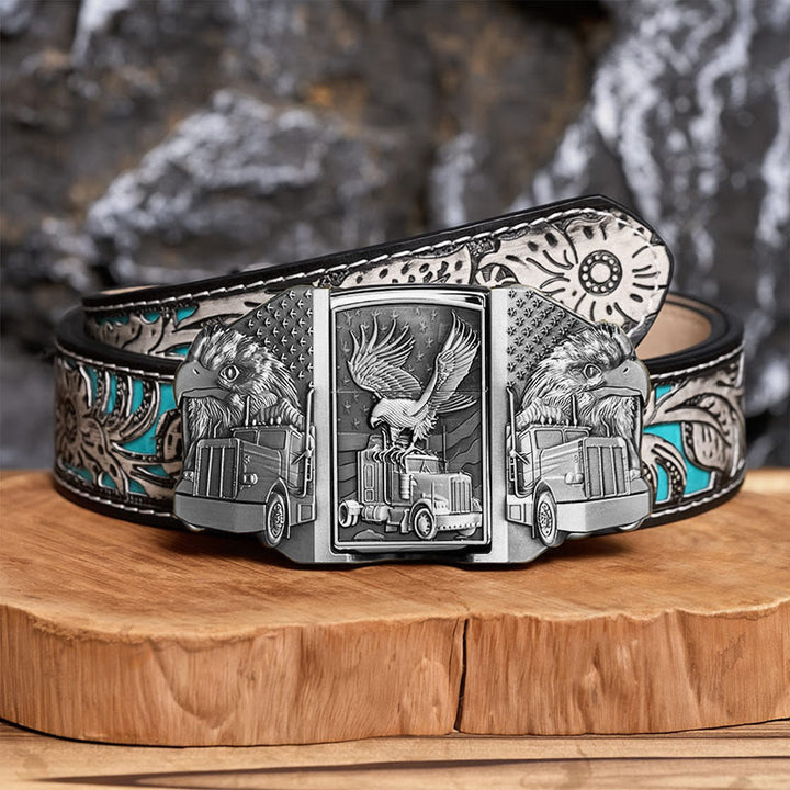 Men's DIY American Eagle & Truck Leather Belt With Hidden Lighter - Silver - Gray Floral Belt - 42 - image 15