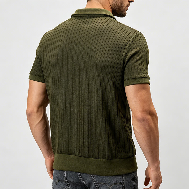 Men's Vertical Ribbed Knit Polo Shirt With Zip Neck - image 3