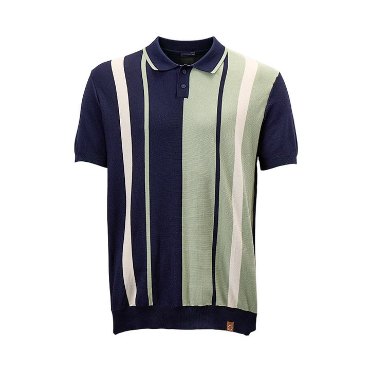 Men's Retro Navy & Sage Color-Block Stripe Knit Polo Shirt - image 9