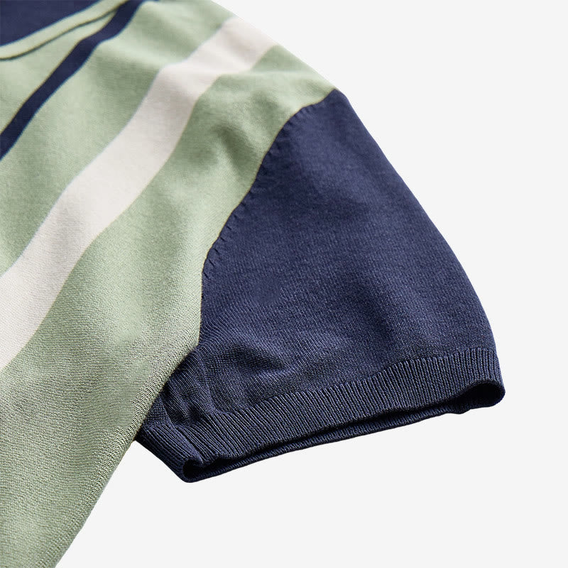 Men's Retro Navy & Sage Color-Block Stripe Knit Polo Shirt - image 8