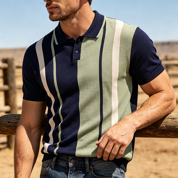 Men's Retro Navy & Sage Color-Block Stripe Knit Polo Shirt - Navy & Sage - 2XL - image 0