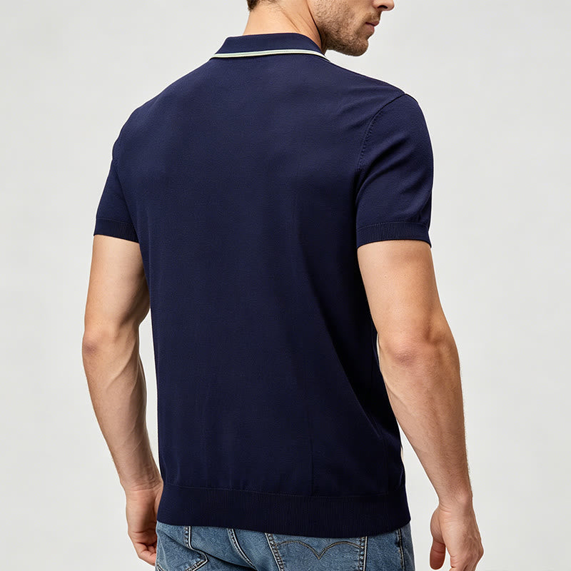 Men's Retro Navy & Sage Color-Block Stripe Knit Polo Shirt - image 3