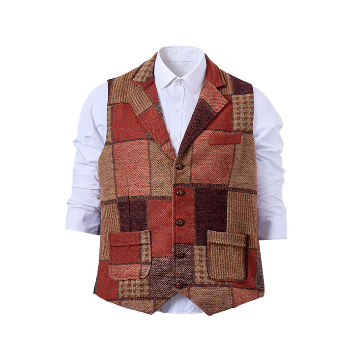 Men's Warm Tone Patchwork Mixed Herringbone Pattern Suit Vest - image 0