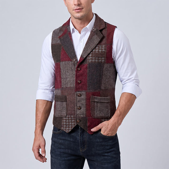 Men's Warm Tone Patchwork Mixed Herringbone Pattern Suit Vest - image 13