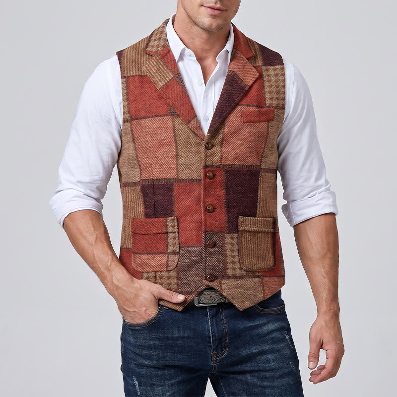 Men's Warm Tone Patchwork Mixed Herringbone Pattern Suit Vest - image 2