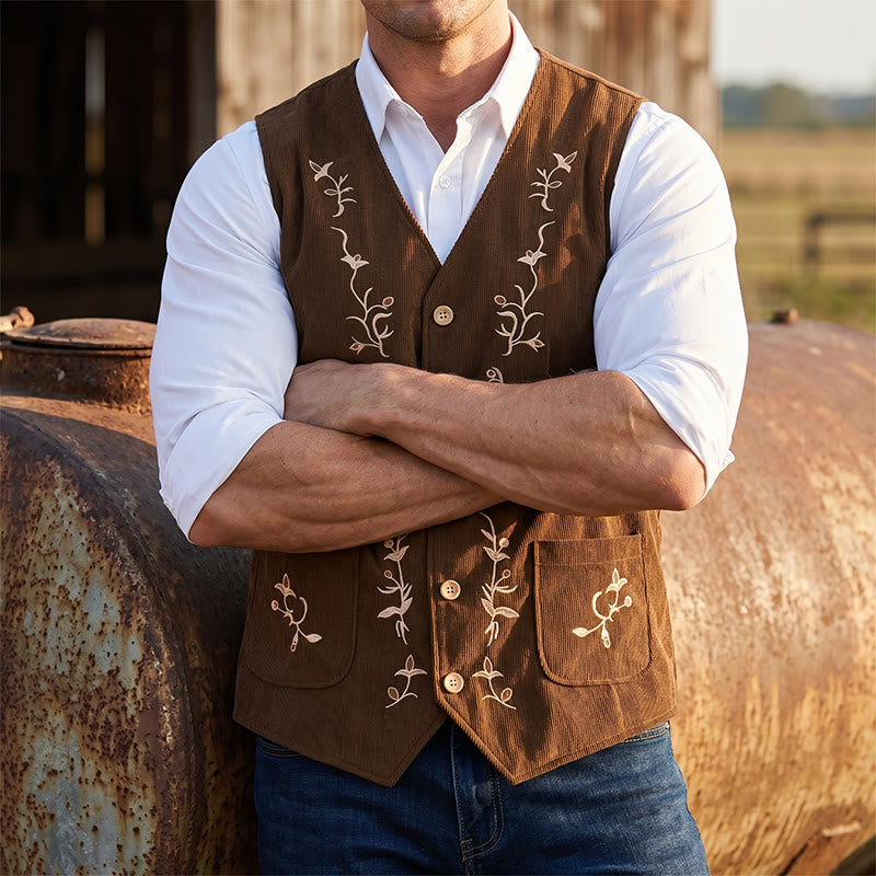 Men's Elegant Floral Vine Embroidered Suit Vest - Coffee - 2XL - image 5